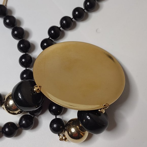 Black Plastic Bead Necklace With Large Metal Blue Pendant 25 Inches Long - Picture 9 of 12